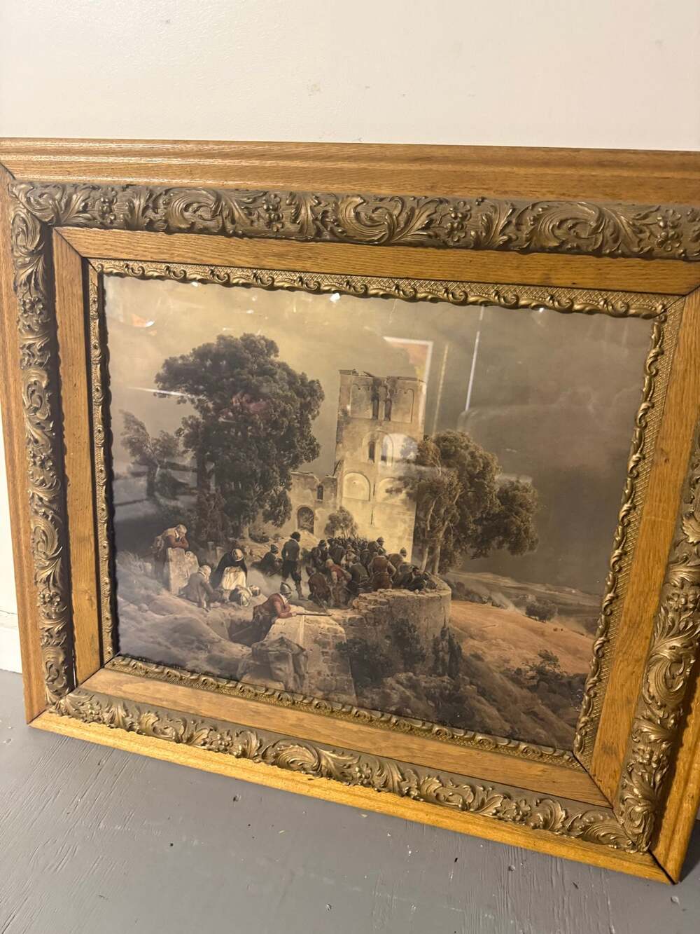 1800's Oil Painting Carl Friedrich Lessing Defense of Cemetery Thirty Years' War